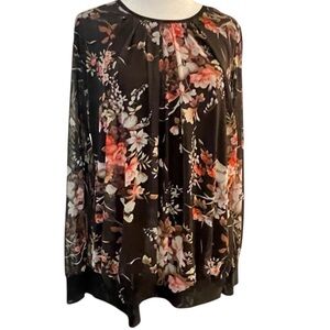Floral Black Women's Blouse with Mesh Sleeves